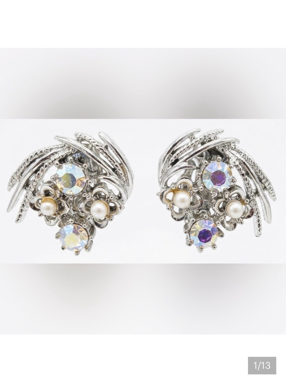 Aurora Borealis Rhinestone & Faux Pearl Vintage Clip-On Earrings
